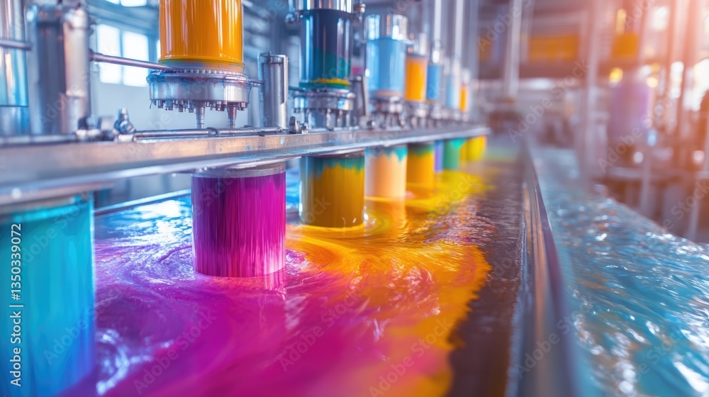 Vibrant Colors Flowing in Industrial Dye Mixing Process Vibrant Colors Flowing in Industrial Dye Mixing Process