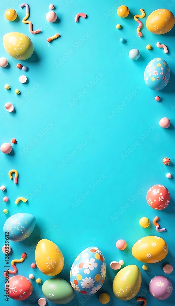 Colorful chocolate Easter eggs on blue bckground Top view Copy space Colorful chocolate Easter eggs on blue bckground Top view Copy space
