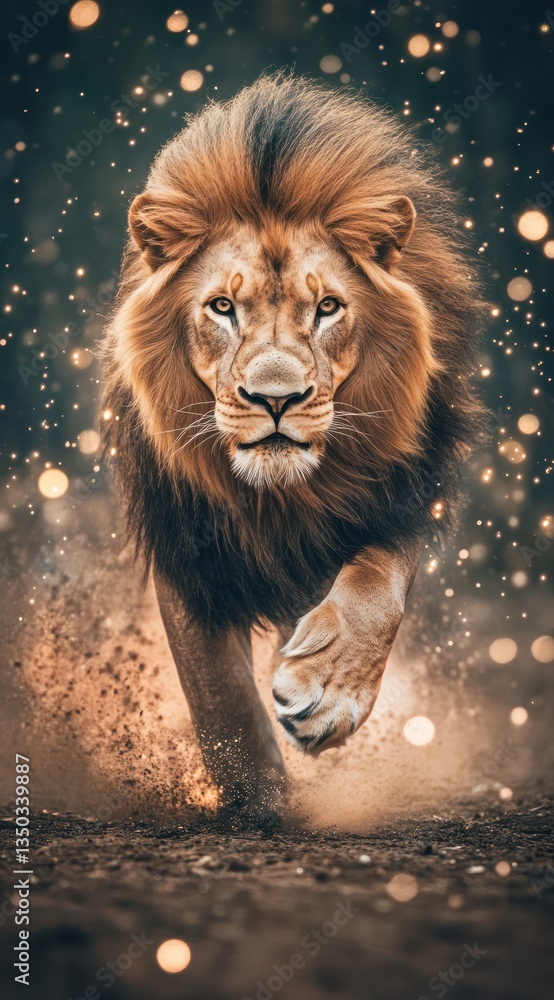 Naklejka premium Majestic Lion Running Through African Savanna