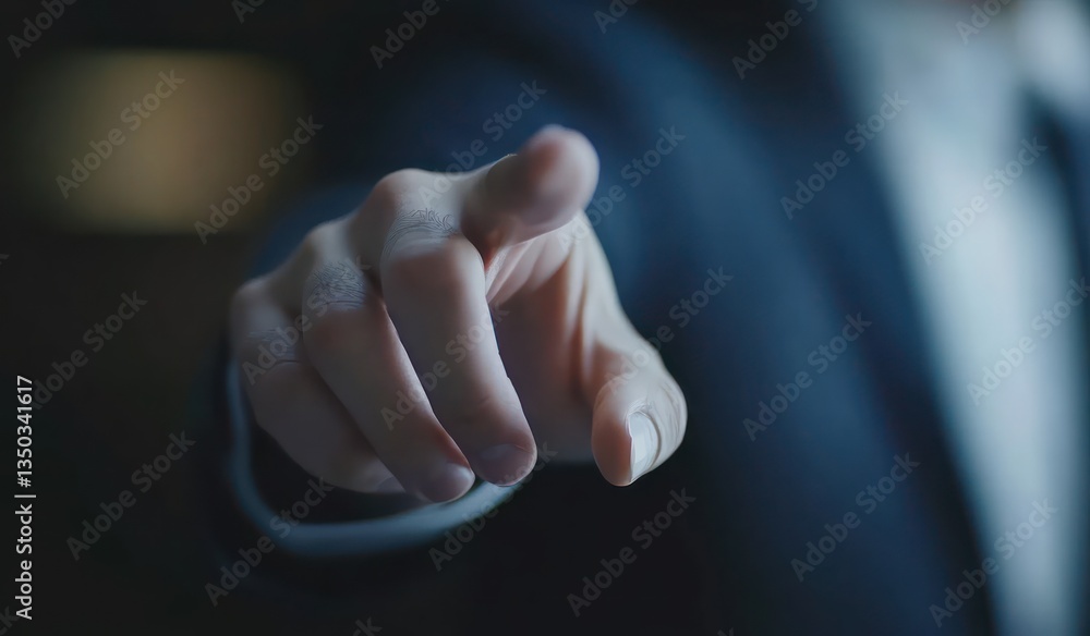 Obraz premium Man pointing finger, business meeting, dark background, leadership concept