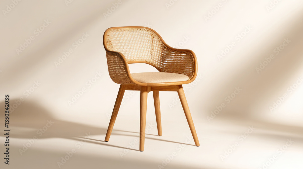 Minimalist chair with wooden legs and rattan backrest for elegant interiors Minimalist chair with wooden legs and rattan backrest for elegant interiors