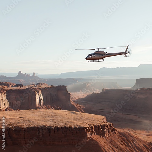 Helicopter flight over desert canyon.