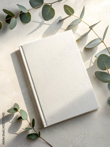 A stylish book mockup featuring a blank white cover with a subtle paper texture, placed on a matte off-white background. A fresh eucalyptus branch is positioned artistically along the edge, its muted 