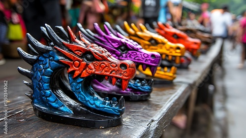 Colorful dragon figurines displayed on a wooden surface at a market.