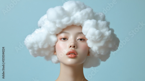 Whimsical model showcases soft makeup with a cloud-inspired headpiece