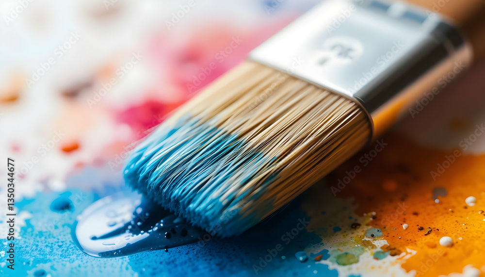 Fototapeta premium Close up of paint brush with blue paint on a colorful palette inspiring artistic creation