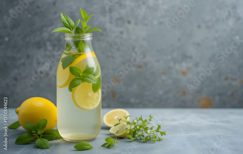 Lemon water with mint in bottle, fresh leaves and fruits on grey table, flat lay