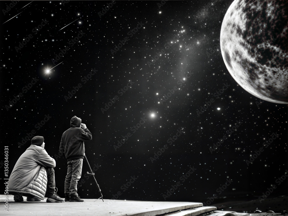 Obraz premium Black and White Fantasy Space Scene – Astronomers Admiring the Cosmos.