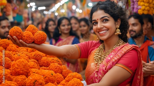 Woman smiles, holding marigold flowers at market.