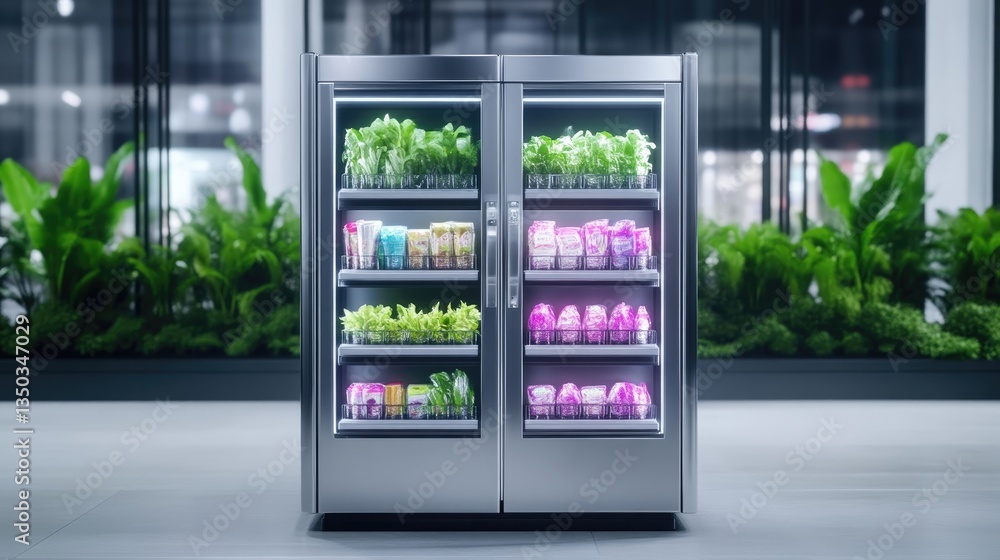 Modern, sleek, refrigerated food display case with fresh produce and dairy products Modern, sleek, refrigerated food display case with fresh produce and dairy products
