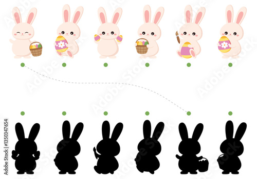 Easter bunny shadow matching game for kids. Fun educational worksheet where children match the cute bunny to its correct shadow. Vector illustration.