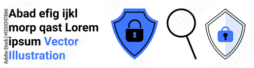 Blue and white shields with locks and a magnifying glass representing security, privacy, access control, data protection, cybersecurity, authentication, online safety. Ideal for flat landing page