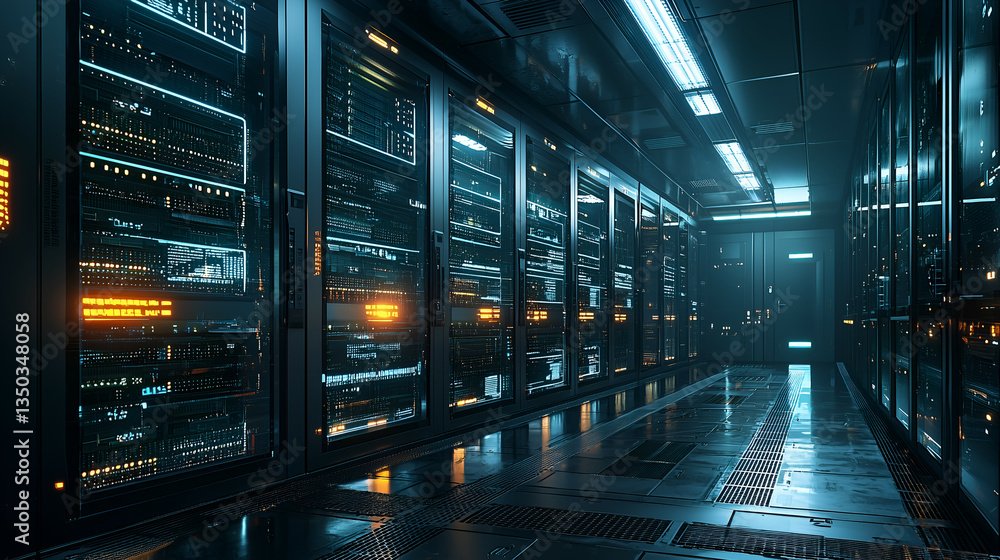 Modern Data Center Server Room: High-Tech IT Infrastructure for Cloud Computing and Cybersecurity