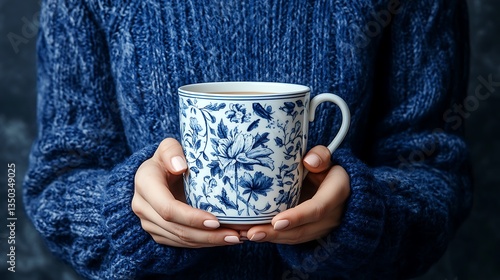 Woman in blue sweater holding a floral tea mug.