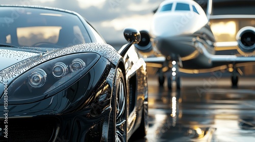 Close-up of a luxury sports car's front with a private jet in the background, metallic reflections, polished surfaces, cool tones, clean modern airport scene