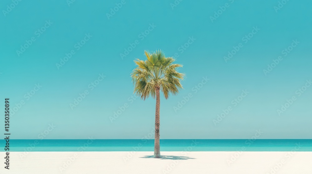 Obraz premium Lone palm tree on beach, clear sky, ocean view; travel postcard