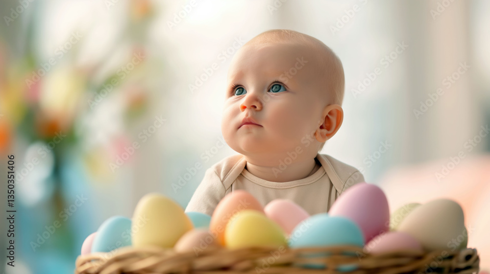 Fototapeta premium Baby Sitting in Basket Surrounded by Pastel Easter Eggs in Soft Morning Light With Blurred Floral Background
