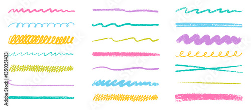 Chalk lines, charcoal highlight strokes doodle set. Pencil underlines, kids crayon strips, brush line in sketch style. Grunge texture. Hand drawn vector illustration isolated on white background