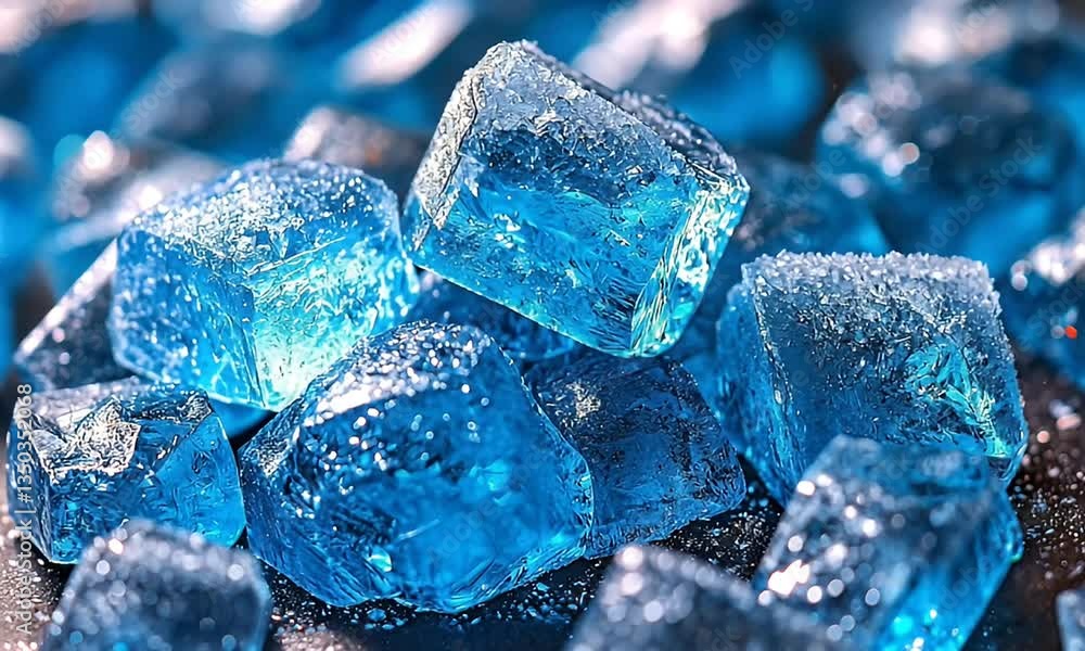 Close Up of Glossy Blue Cubes on a Dark Surface with Sparkling Texture and Light Reflections Close Up of Glossy Blue Cubes on a Dark Surface with Sparkling Texture and Light Reflections