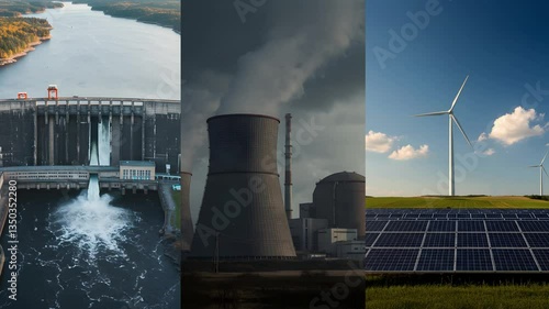 Hydropower Dam, Nuclear Plant, Solar Panels, and Wind Turbines Together in One Video, Clean Energy Sources, Renewable and Sustainable Power Generation, 4K Footage of Modern Energy Infrastructure