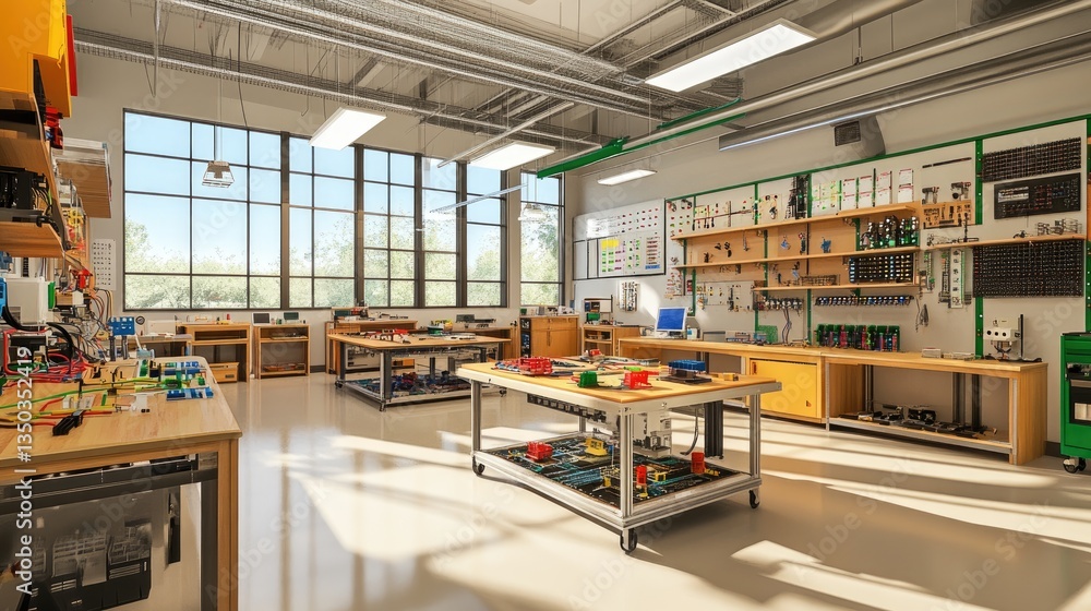 A modern STEM classroom with robotics kits, circuit boards, and engineering tools. A modern STEM classroom with robotics kits, circuit boards, and engineering tools.