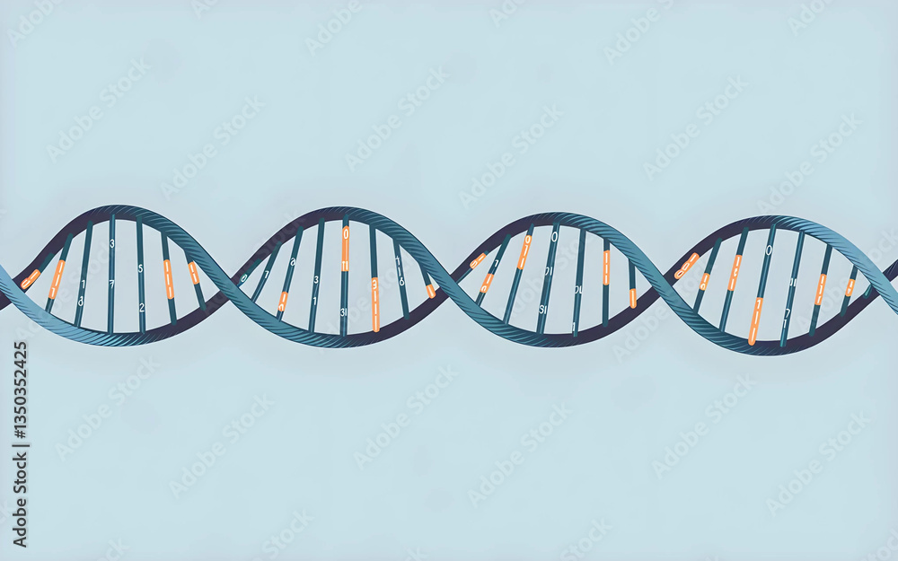 A stylized illustration depicting a double helix DNA molecule, with numbered rungs representing base pairs, against a light blue background. A stylized illustration depicting a double helix DNA molecule, with numbered rungs representing base pairs, against a light blue background.