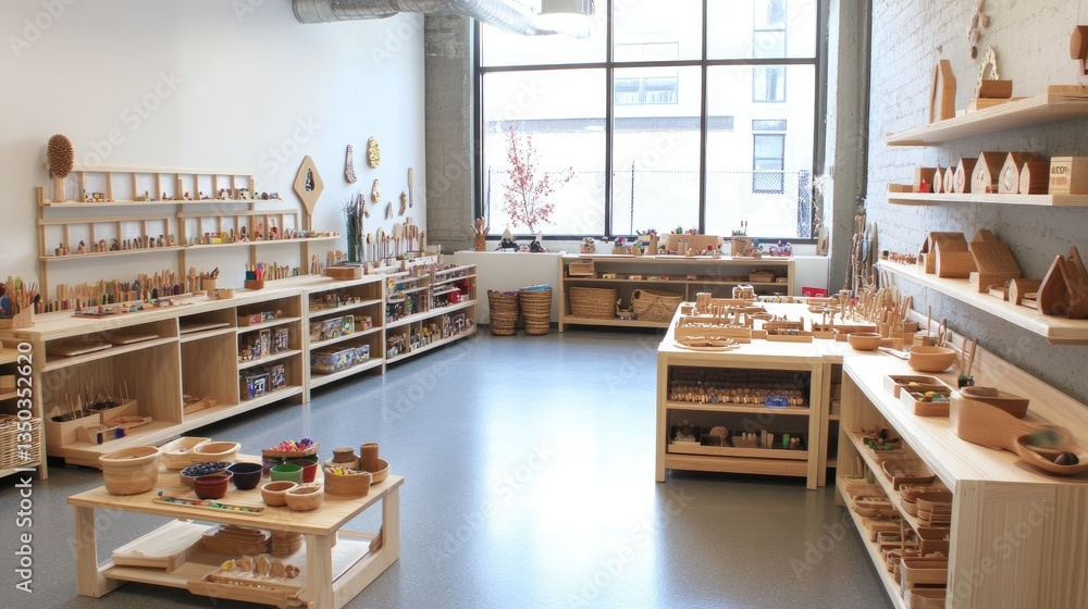 A Montessori-style classroom with open shelves, wooden toys, and hands-on learning tools. A Montessori-style classroom with open shelves, wooden toys, and hands-on learning tools.