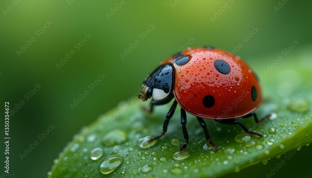 Fototapeta premium Ladybug on Dewy Leaf Macro Nature Photography Insect Close Up Wildlife Red Black Spots Green