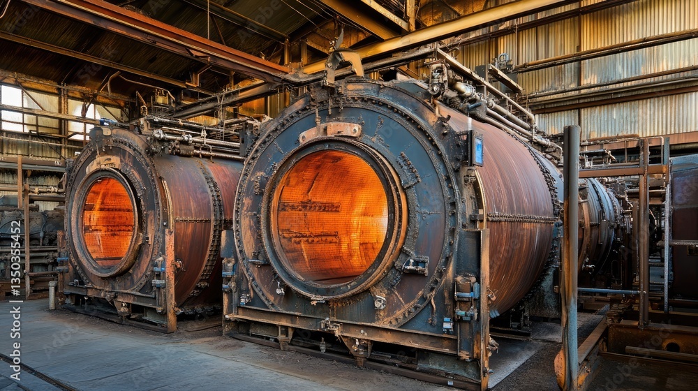 Fototapeta premium A rubber curing process with large vulcanization ovens hardening raw rubber for durability.