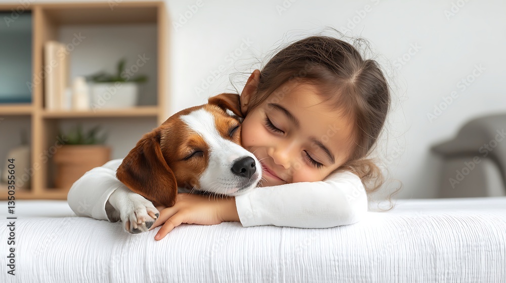 Girl hugging Beagle dog indoors. Girl hugging Beagle dog indoors.