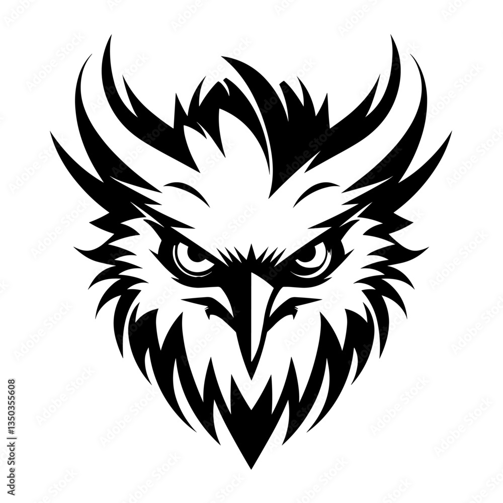 Obraz premium A striking silhouette of a harpy's head, combining human and bird-like features with a fierce expression. Perfect for fantasy-themed designs, mythology illustrations, gaming logos