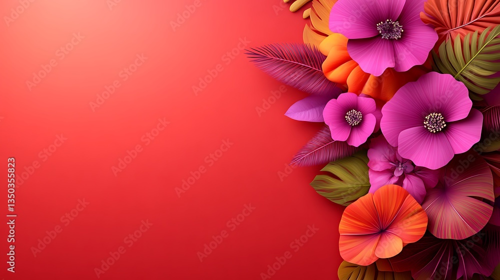 Obraz premium Tropical Flowers Red Background.