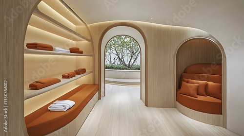 Serene spa interior with alcoves, shelves, and natural light.