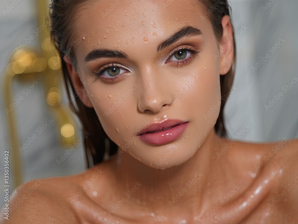 Naklejka premium Beautiful woman with water droplets on her face in a modern bathroom during morning routine