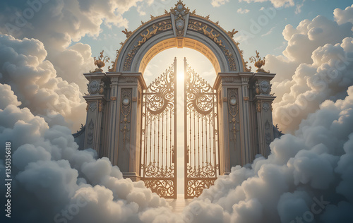 Pearly gates stand in fluffy clouds, beckoning to ethereal realm. Symbol of faith, entrance represents transition to heaven, spiritual journey, holy place, divine presence. Gate to heaven, concept of 