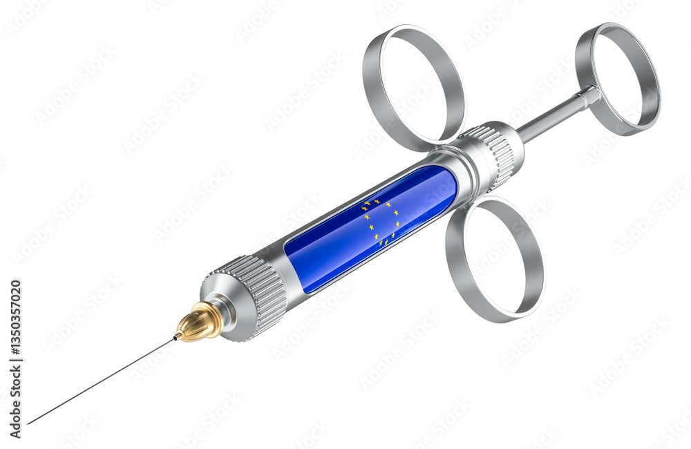 Syringe with the European Union flag. Vaccination in the EU concept, 3D rendering isolated on transparent background Syringe with the European Union flag. Vaccination in the EU concept, 3D rendering isolated on transparent background