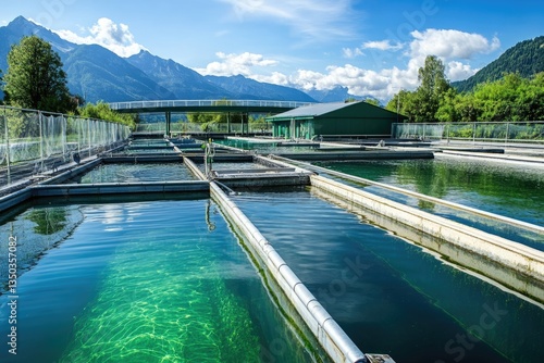 Mountain Scenery with Algae Growing in Water Treatment Facility