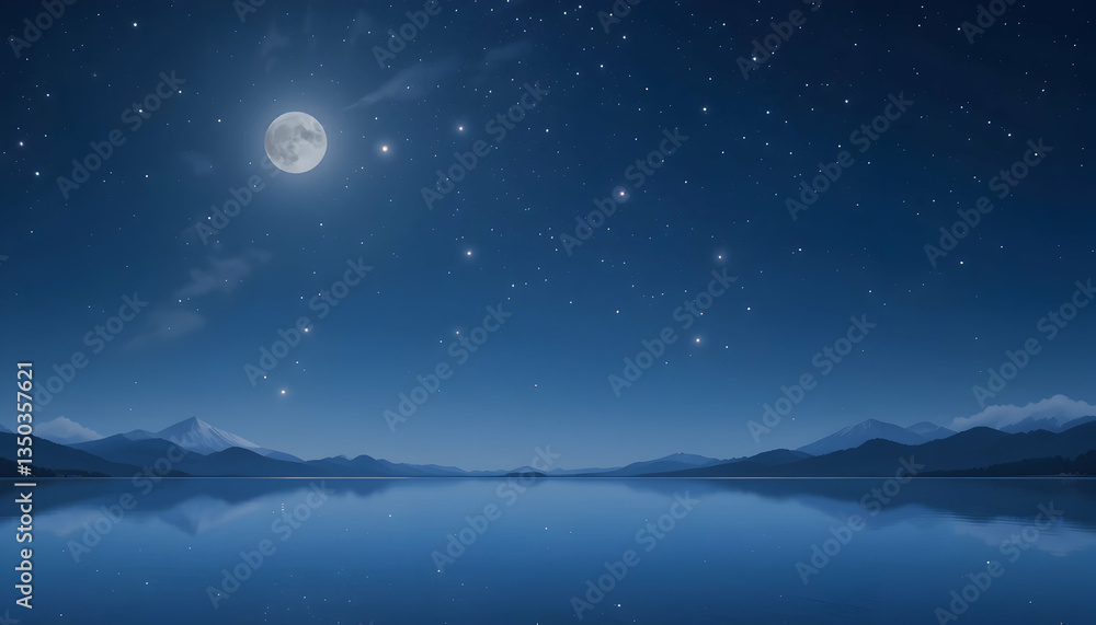 Naklejka premium Serene moonlit night landscape with starry sky tranquil lake and majestic mountains reflecting in the calm water