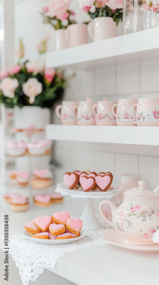 Charming cutecore tea corner with pink mini tea set and heart-shaped cookies Charming cutecore tea corner with pink mini tea set and heart-shaped cookies