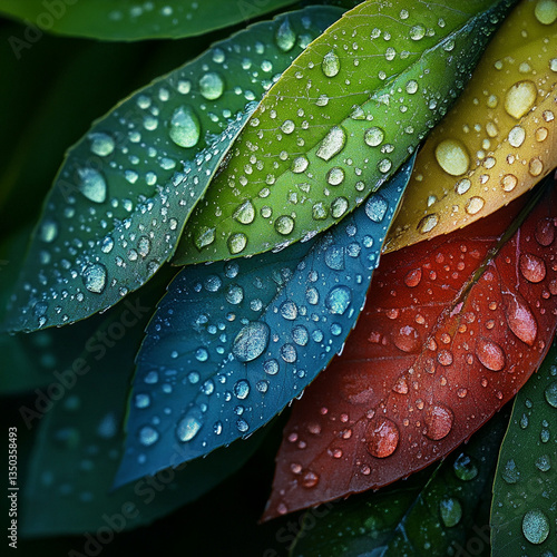 Colorful leaves with raindrops against a dark background  