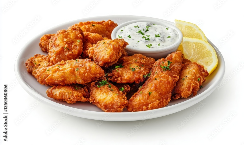 Plate of Crispy Fried Chicken with Dipping Sauce and Fresh Lemon Wedges on a White Background, Perfect for Culinary Promotions or Menu Design Plate of Crispy Fried Chicken with Dipping Sauce and Fresh Lemon Wedges on a White Background, Perfect for Culinary Promotions or Menu Design