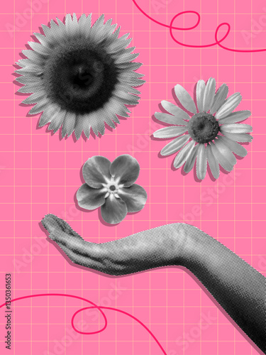 spring mood flowers concept collage set with sunflower daisy forget me not flower open hand palm upwards retro vintage halftone grunge dotted creative elements poster design