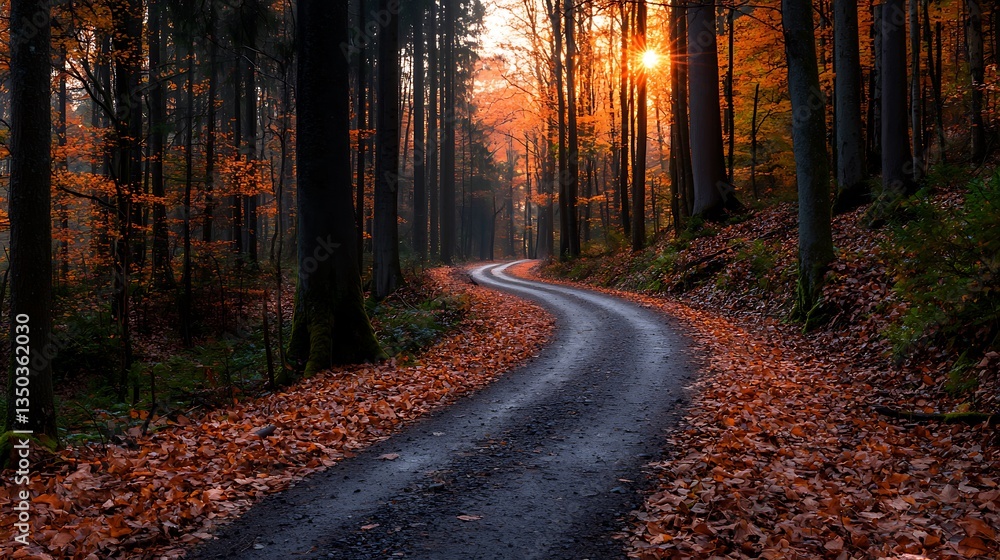 Fototapeta premium Vibrant Autumn Forest Path with Colorful Leaves and Sunset