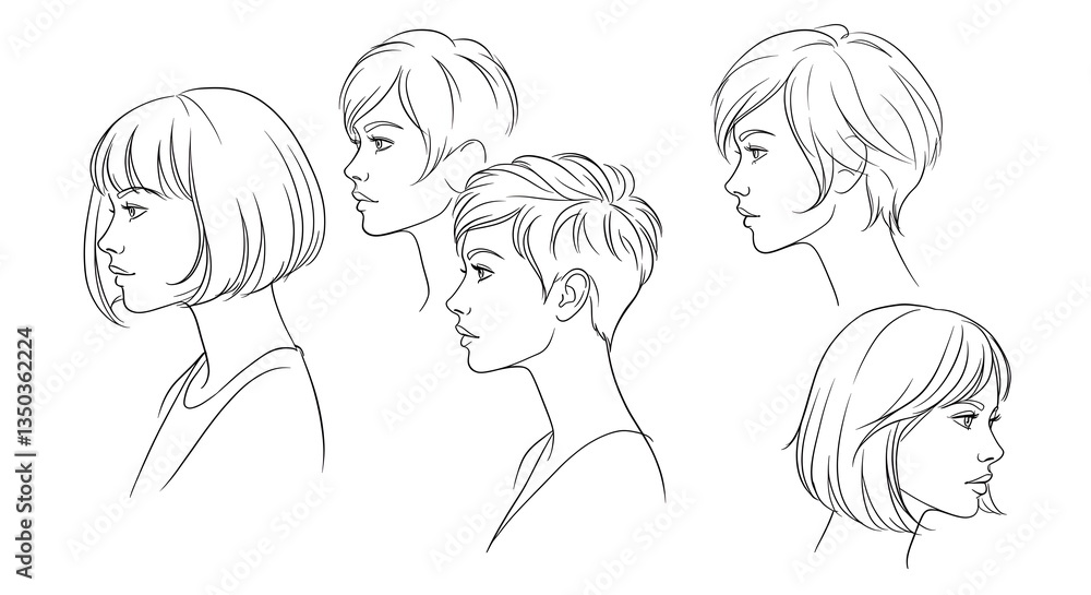 Illustrative Drawings of Women’s Side Profiles with Various Hairstyles Illustrative Drawings of Women’s Side Profiles with Various Hairstyles