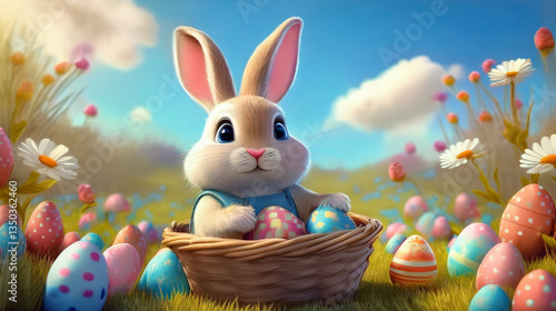 Conejo con canasta y huevos de pascuas 
