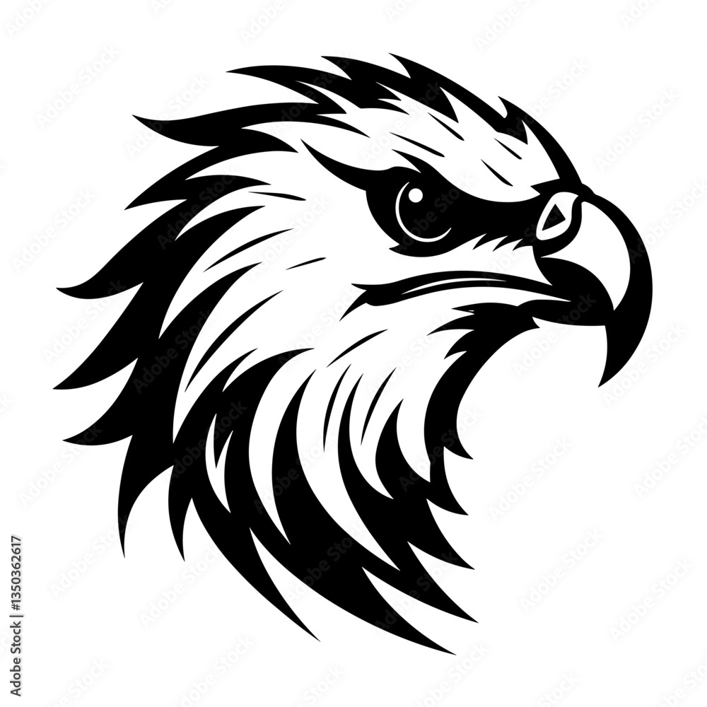 A bold and detailed silhouette of a hawk's head, showcasing its sharp beak, fierce gaze, and streamlined shape. Ideal for wildlife illustrations, sports logos, military insignias A bold and detailed silhouette of a hawk's head, showcasing its sharp beak, fierce gaze, and streamlined shape. Ideal for wildlife illustrations, sports logos, military insignias