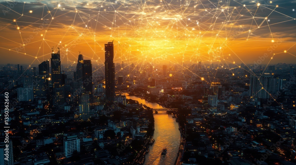 Fototapeta premium Sunset cityscape network aerial view
