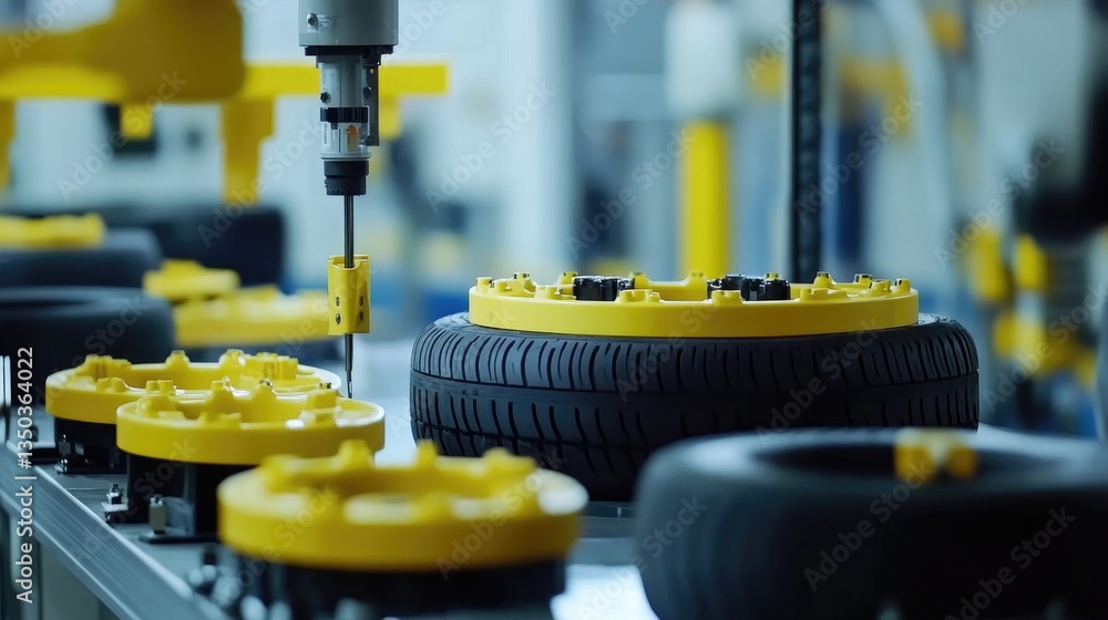 Fototapeta premium Industrial tire production line with rubber being molded into durable tire shapes.