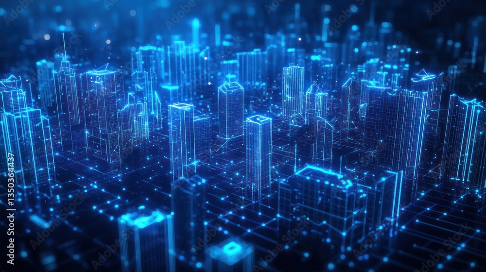 Obraz premium Futuristic city skyline, digital architecture, network, abstract design