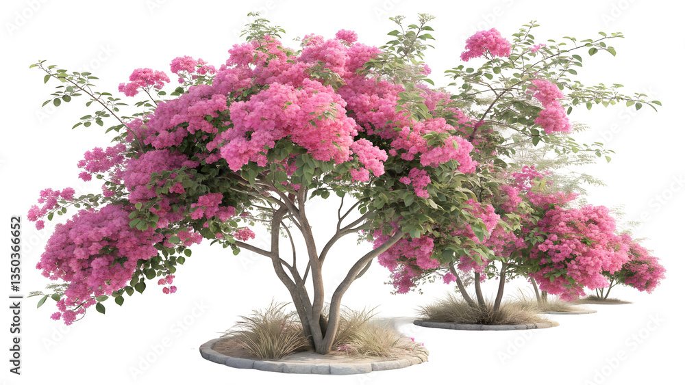 Naklejka premium Lush Pink Bougainvillea Trees in a Garden Setting